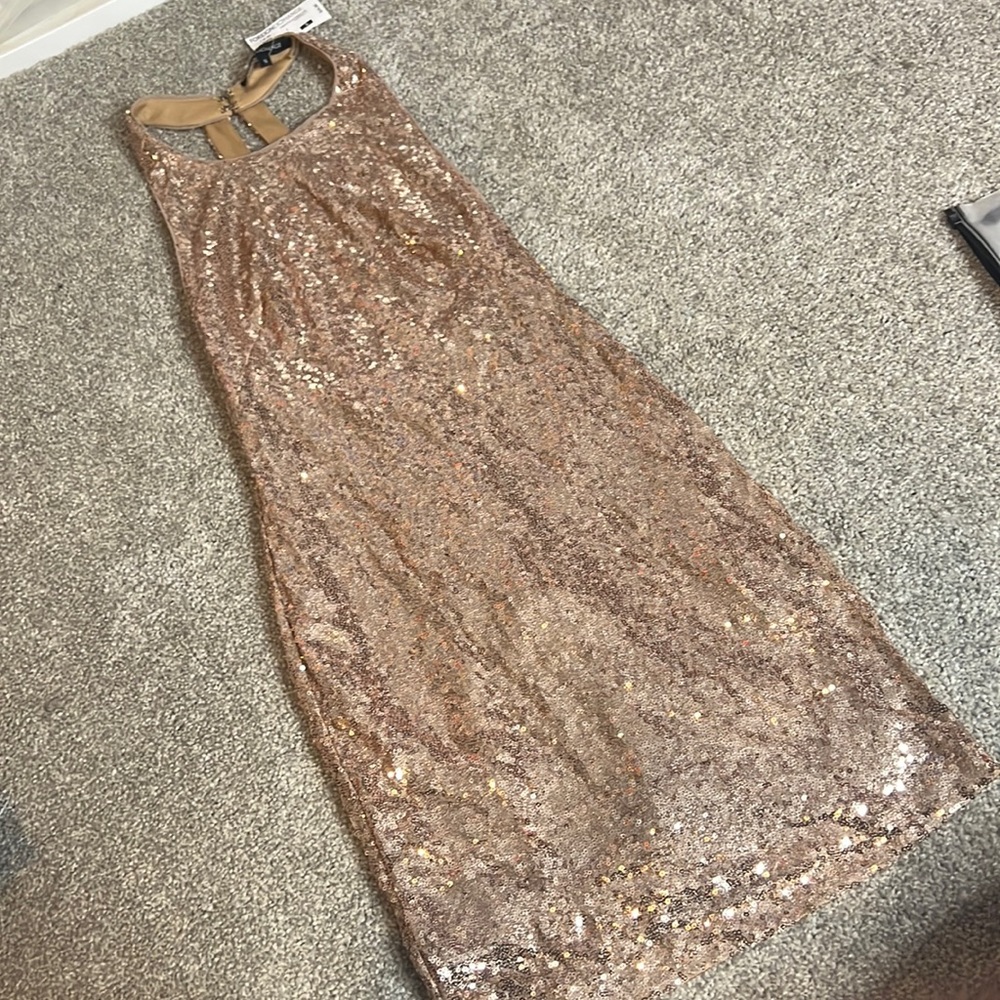 Side boob low cut rose gold champagne sequin dress
